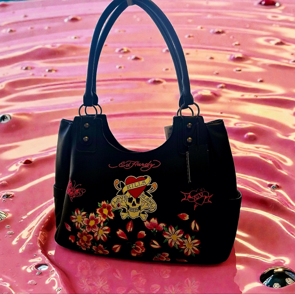 NEW Ed Hardy Black Floral Love Kills Slowly Skull Tattoo Bag 14"x12"x5" NWT